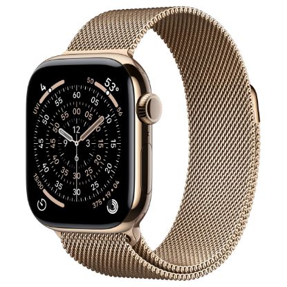 Imagem de Apple Watch Series 11 GPS + Cellular Titânio Dourado | Bracelete Loop Milanesa Aço Inoxidável Dourado - M/L (46mm)