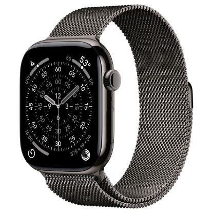 Imagem de Apple Watch Series 11 GPS + Cellular Titânio Ardósia | Bracelete Loop Milanesa Aço Inoxidável Ardósia - M/L (46mm)