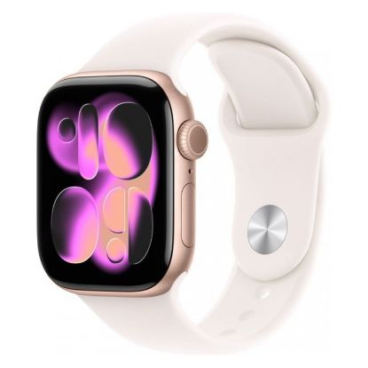 Imagem de Apple Watch Series 11 GPS + Cellular Alumínio Rosa Dourado| Bracelete Desportiva Rosa Leve - S/M (42mm)