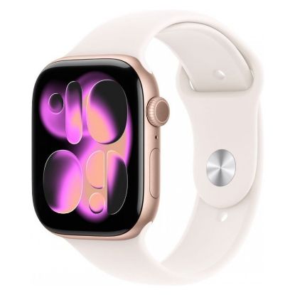Imagem de Apple Watch Series 11 GPS Alumínio Rosa Dourado | Bracelete Desportiva Rosa Leve - S/M (46mm)