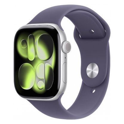 Imagem de Apple Watch Series 11 GPS Alumínio Prateado | Bracelete Desportiva Roxo Névoa - S/M (46mm)