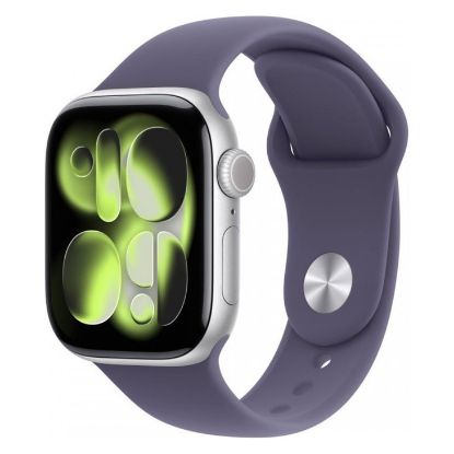 Imagem de Apple Watch Series 11 GPS Alumínio Prateado | Bracelete Desportiva Roxo Névoa - S/M (42mm)